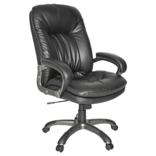 A black leather OIF high-back office chair with arms and wheels.