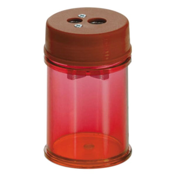 A red Officemate manual twin pencil and crayon sharpener container with two holes.