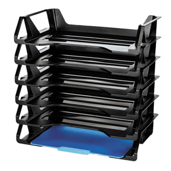 A stack of black plastic Officemate desk trays.