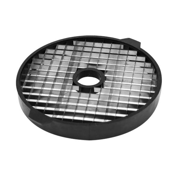 A circular metal grid with a hole.