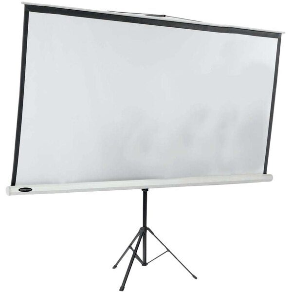 An Aarco 84" x 84" Matte White Tripod Floor Standing Projection Screen on a tripod stand.