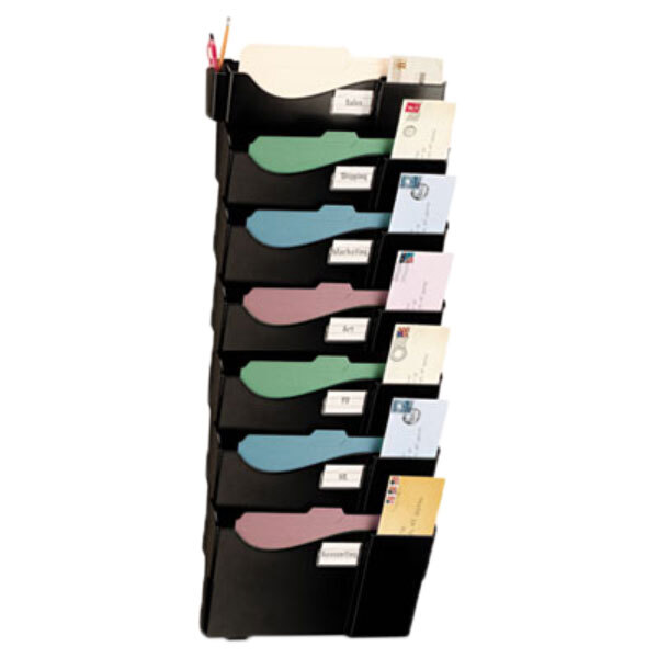A black plastic Officemate wall mounted file holder with several folders inside.