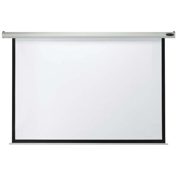 An Aarco matte white wall mounted projection screen with a black border.