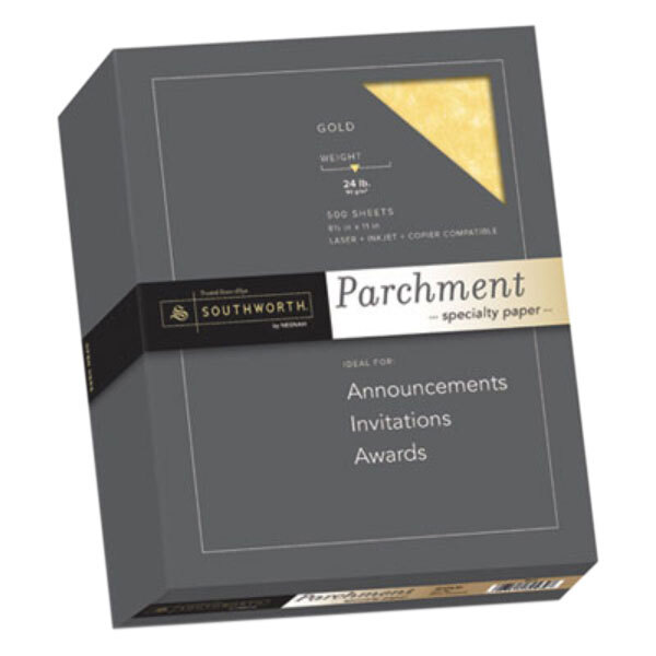 A box of Southworth gold parchment paper with white text on a black label.