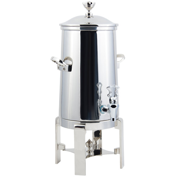 A Bon Chef stainless steel coffee chafer urn with chrome trim and handles.