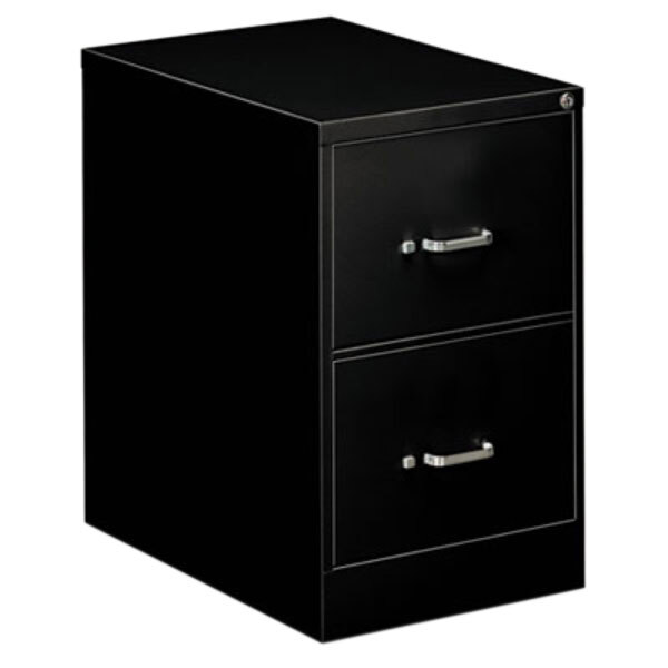 A black Alera two-drawer vertical legal file cabinet with silver handles.