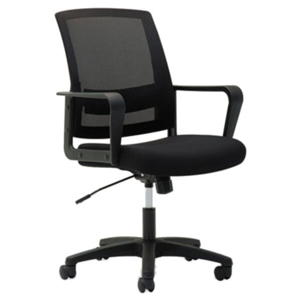 A black OIF office chair with black mesh back and arms on wheels.