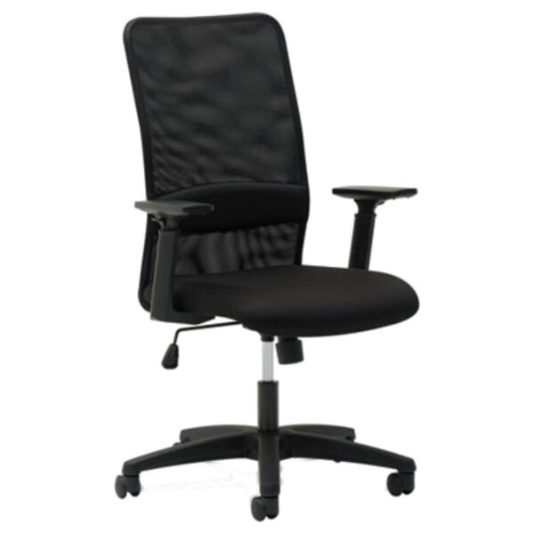 A black OIF office chair with a black mesh back and armrests.
