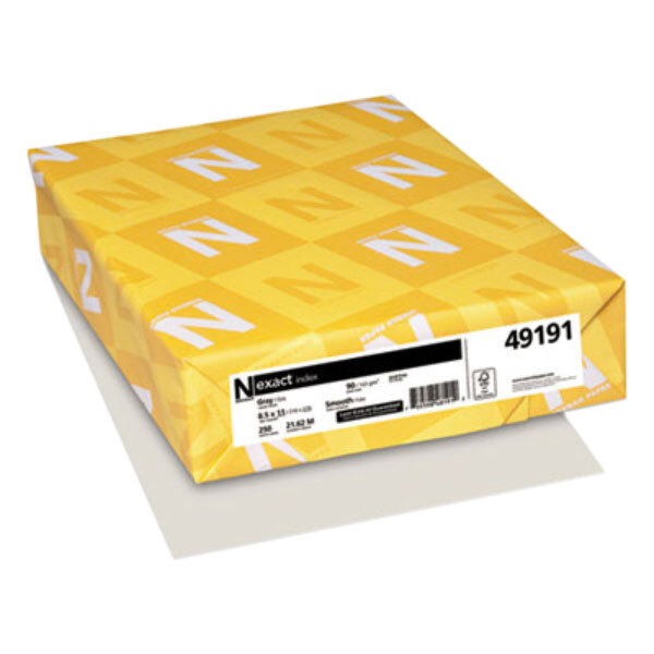 A yellow box with white and black letters that says "Neenah 49191 Exact Gray Smooth Index Paper Cardstock"