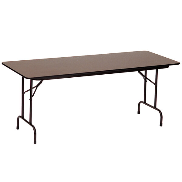 A rectangular walnut folding table with black metal legs.