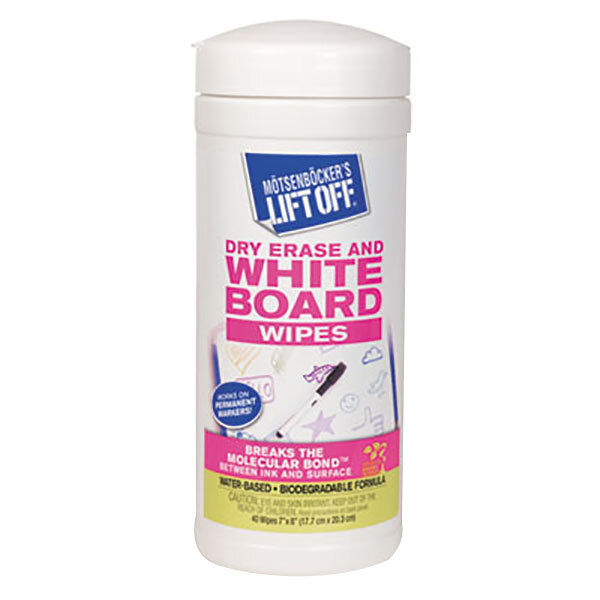A white container of Motsenbocker's Lift Off Dry Erase Wipes with a pink and white label.