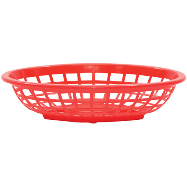 A red Tablecraft plastic oval basket with holes and a handle.