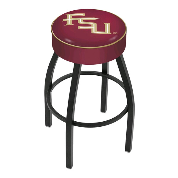A Florida State University bar stool with a black metal frame and red seat pad with the FSU logo.