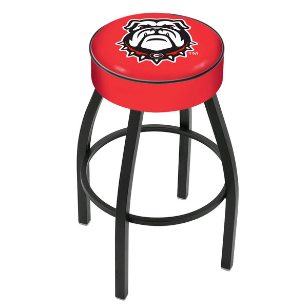 A red Holland Bar Stool with University of Georgia bulldog logo on the seat.