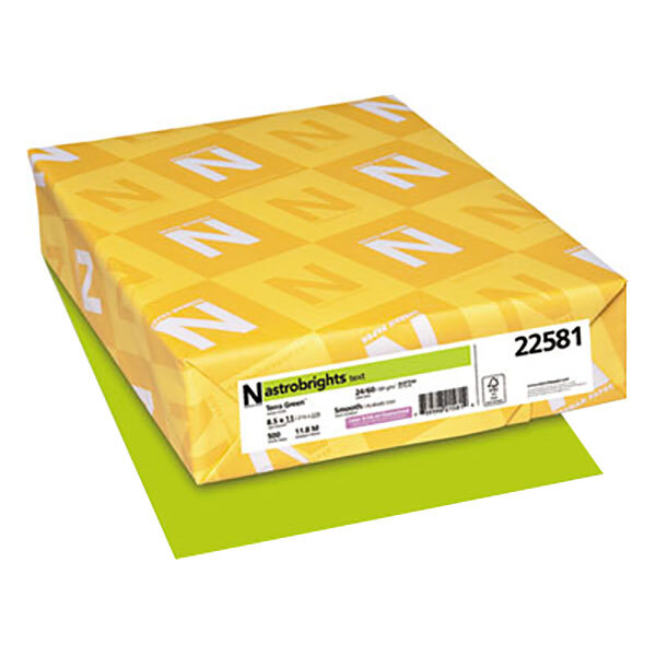 A yellow box of Astrobrights Terra Green color paper with white and yellow labels.