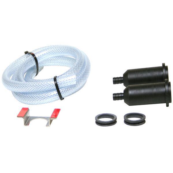 A flexible hose and black rubber gaskets.