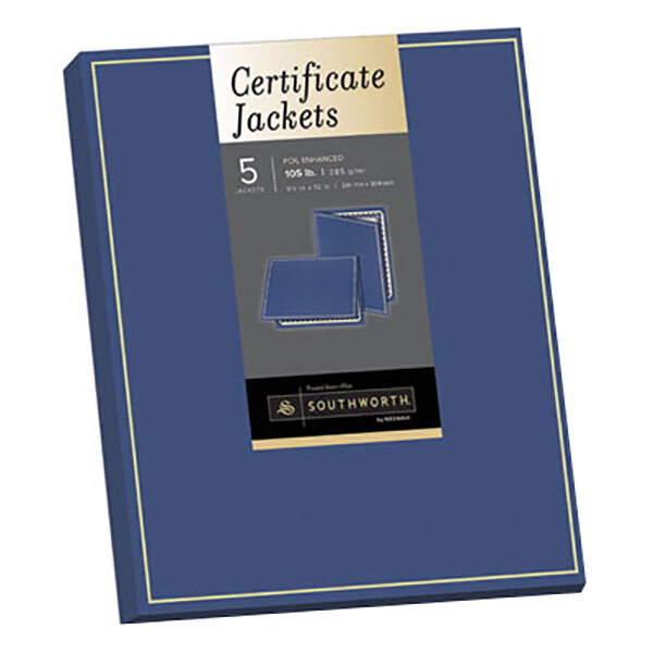 A package of 5 blue SouthWorth felt certificate jackets with navy and gold trim.