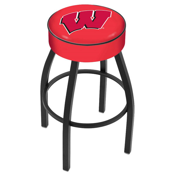A red Holland Bar Stool with a Wisconsin Badgers logo on the seat and black legs.