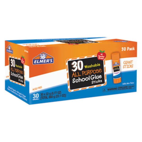 A box of 30 Elmer's clear all-purpose school glue sticks with black and orange labels.