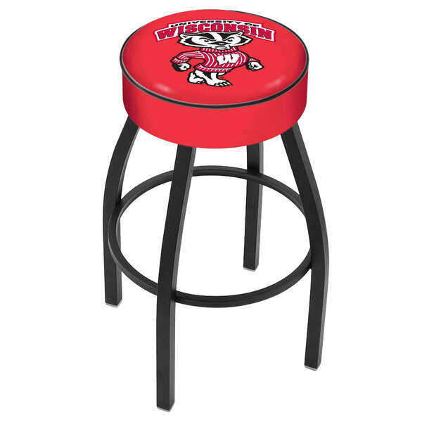 A Holland Bar Stool University of Wisconsin swivel bar stool with a padded seat and logo.