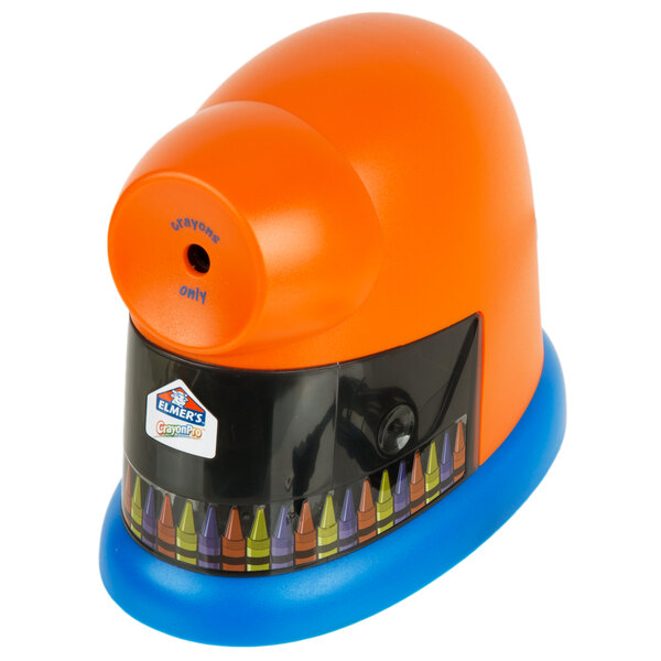 An orange and blue Elmer's CrayonPro pencil sharpener.