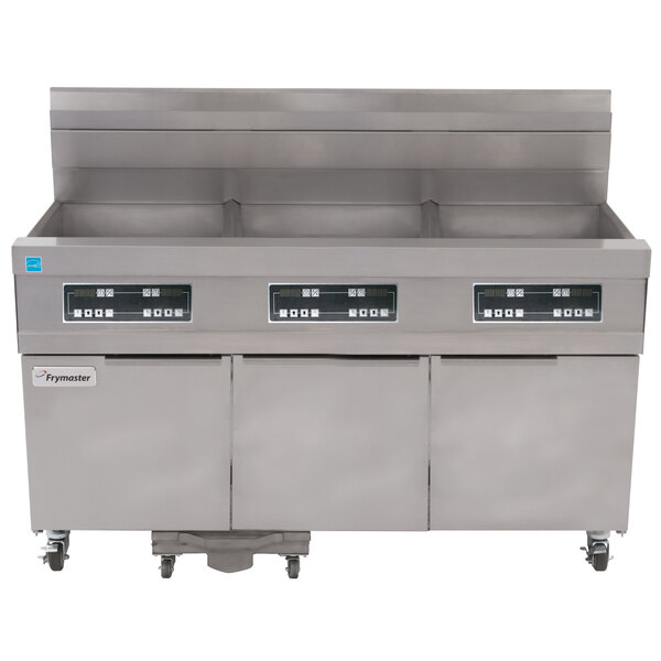A large commercial Frymaster gas fryer with three drawers.
