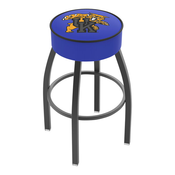 A blue Holland Bar Stool with a University of Kentucky logo on the seat and black legs.