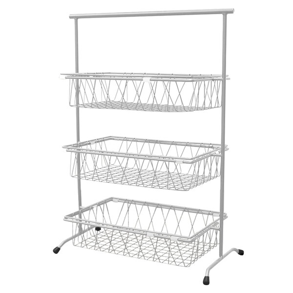 A silver metal rectangular 3-tier wire basket stand.