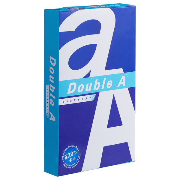 A blue and white ream of Double A multipurpose paper.