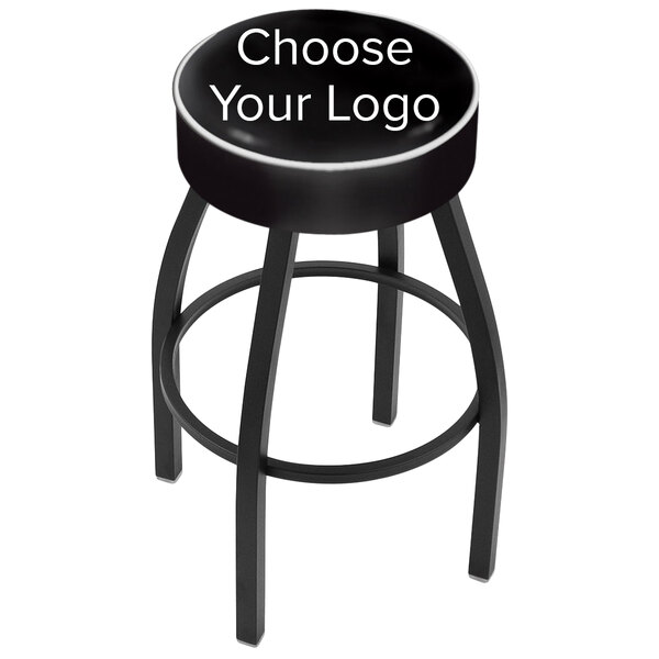 A black Holland Bar Stool swivel restaurant bar stool with a white NHL logo on the seat.