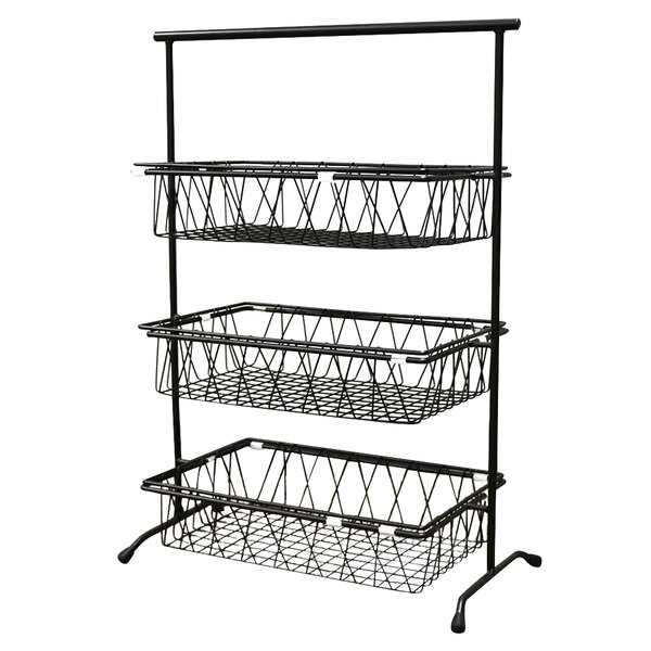 A black metal rectangular 3-tier wire basket rack.