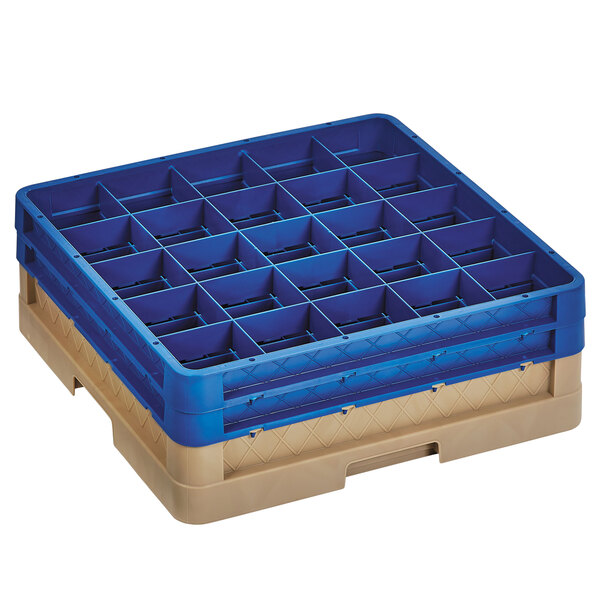 A beige Vollrath Traex glass rack with blue extenders inside a blue plastic container.