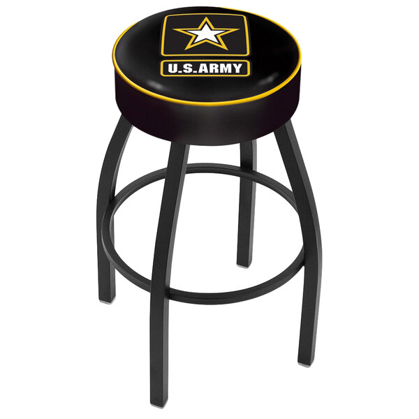 A black Holland Bar Stool with the United States Army logo and yellow ring on the seat.