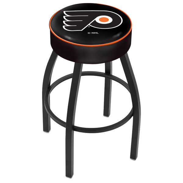 A black Holland Bar Stool with a Philadelphia Flyers logo on the seat.