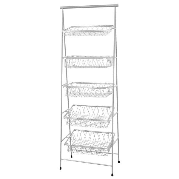 A silver metal rectangular 5-tier wire basket stand.