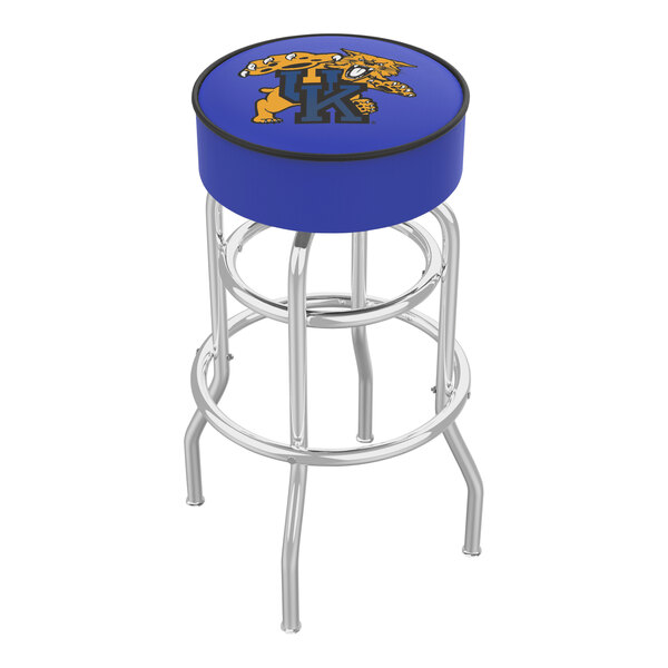 A blue University of Kentucky bar stool with a logo on the seat.