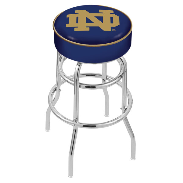A blue and gold Holland Bar Stool with Notre Dame logo on the padded seat.