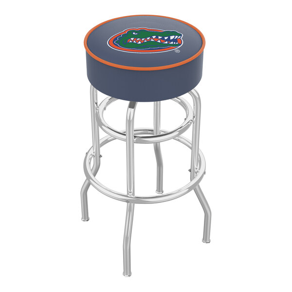 A Holland Bar Stool University of Florida swivel bar stool with a Florida Gators logo on the seat.