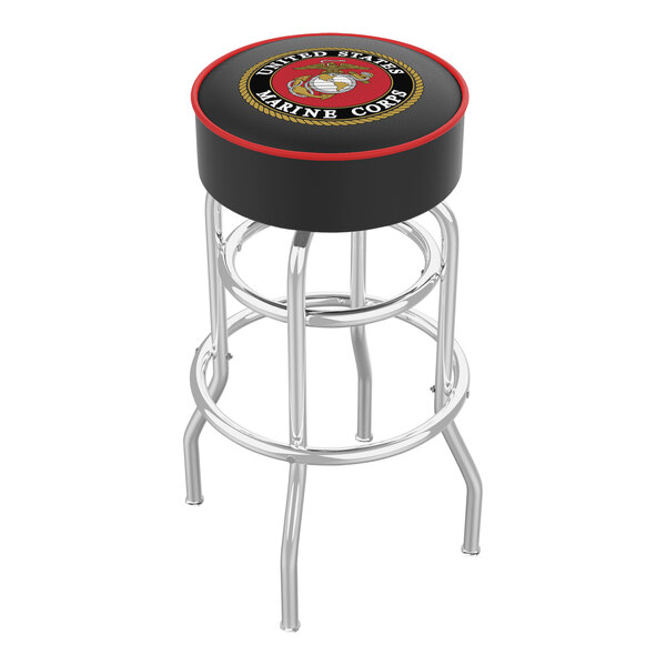 A black Holland Bar Stool with a red and black United States Marine Corps logo on the seat.