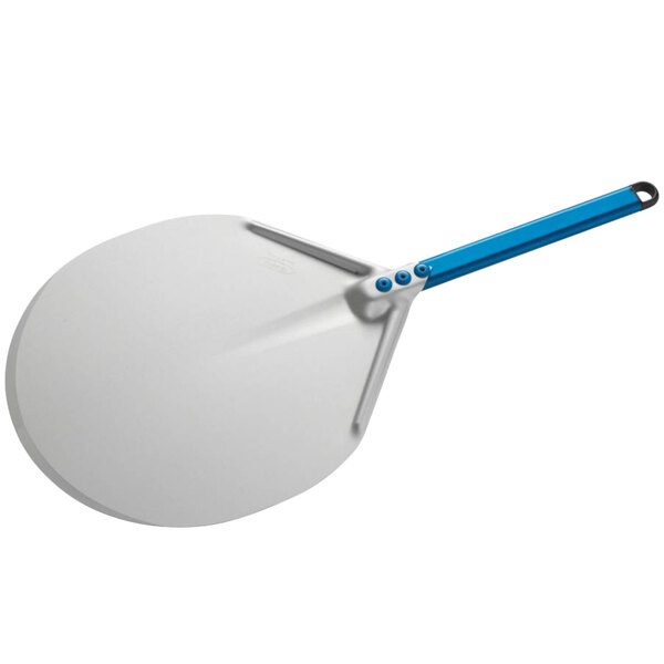 An anodized aluminum pizza peel with a blue handle.