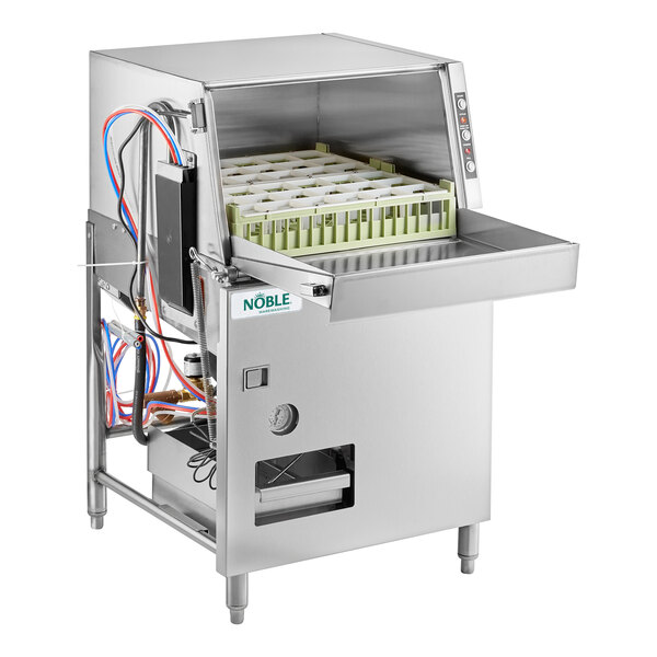 A commercial stainless steel single rack glass washer and dishwasher with visible internal components and control panel.