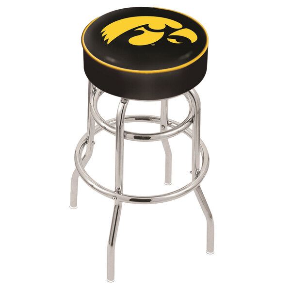 A black and yellow Holland Bar Stool with University of Iowa logo on the seat.