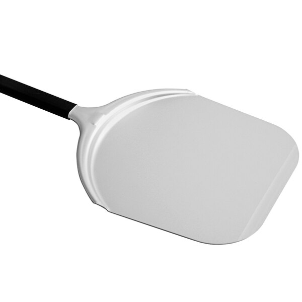 A white pizza peel with a black handle.