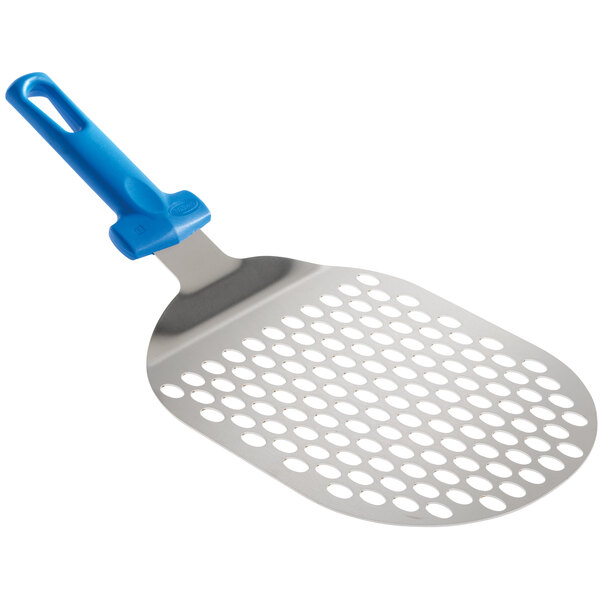 A GI Metal oval pizza server with a blue handle and perforated spatula.