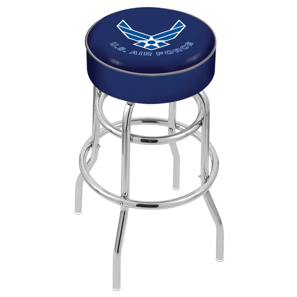 A blue Holland Bar Stool with United States Air Force logo on the seat.