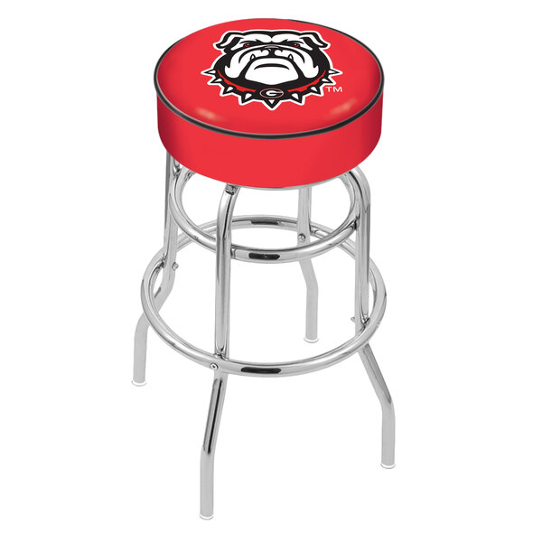A red bar stool with the University of Georgia Bulldogs logo on the backrest.