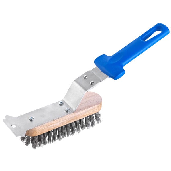 A metal grill brush with a blue handle.