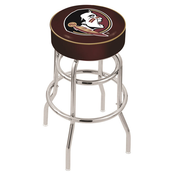 A Holland Bar Stool Florida State University bar stool with a chrome base and logo on the seat.