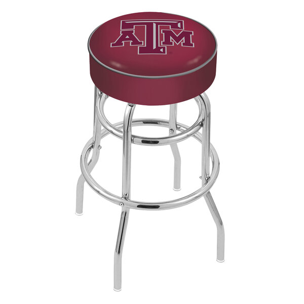 A Holland Bar Stool Texas A&M double ring swivel bar stool with a logo on the seat.