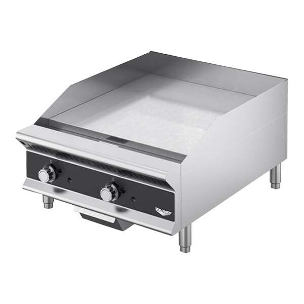 A silver stainless steel Vollrath countertop griddle with black manual controls.